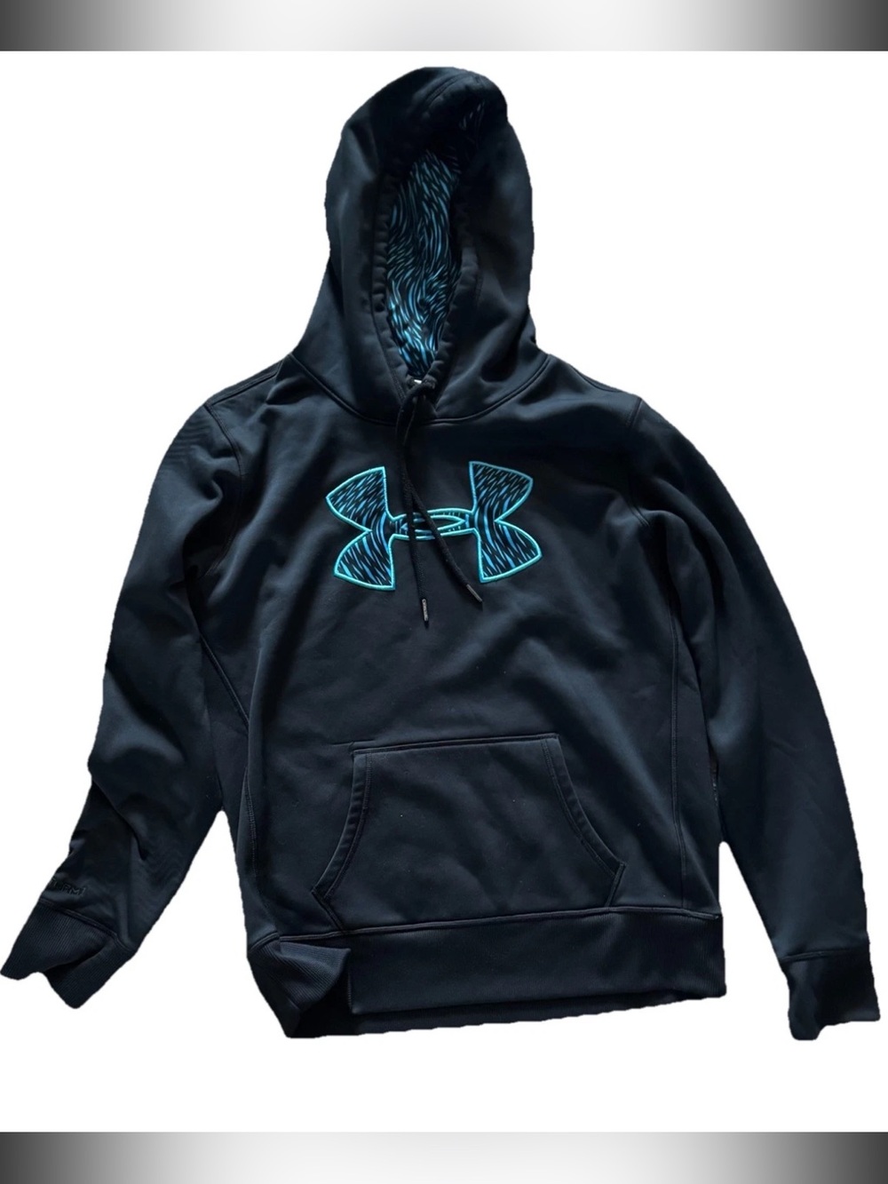 Under Armour Hoodie Youth Medium Black Blue Graphic Print Logo Coldgear Pullover